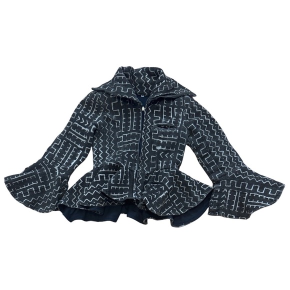 Unique Geometric Print Mud Cloth Peplum Jacket Bell Sleeves Collar - Picture 2 of 7